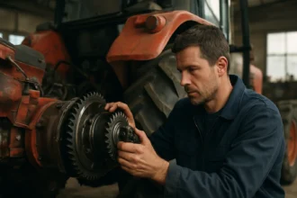 Mechanik kontroluje diferenciál traktora MTZ pre zlepšenie výkonu.