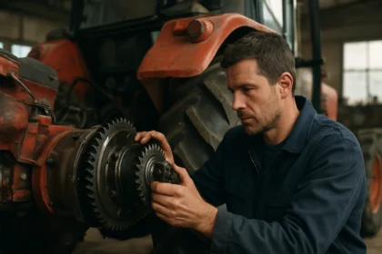 Mechanik kontroluje diferenciál traktora MTZ pre zlepšenie výkonu.