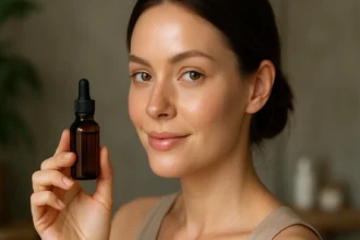 Žena drží fľaštičku s pleťovým olejom s vitamínom K.