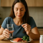Žena konzumuje L-lyzín s vodou a zdravým jedlom