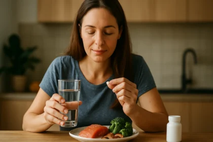 Žena konzumuje L-lyzín s vodou a zdravým jedlom