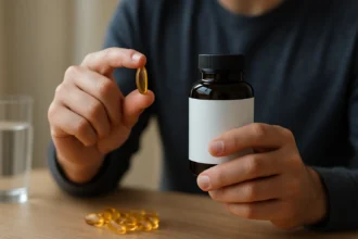 Osoba drží kapsulu rybieho oleja a fľašu na stole.