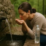 Žena pije liečivú vodu z prameňa v prírode