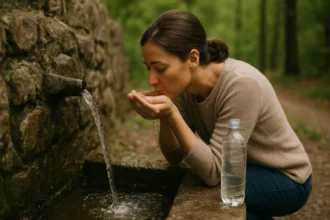 Žena pije liečivú vodu z prameňa v prírode