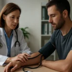 Lekárka vyšetruje muža s vysokým krvným tlakom.