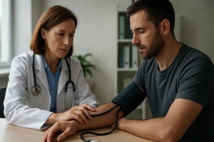 Lekárka vyšetruje muža s vysokým krvným tlakom.