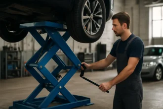 Mechanik používajúci nožnicový zdvihák na zdvíhanie vozidla