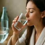 Žena pijúca modrú vodu z pohára, symbol zdravia a krásy