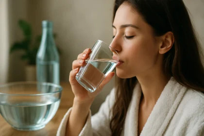 Žena pijúca modrú vodu z pohára, symbol zdravia a krásy