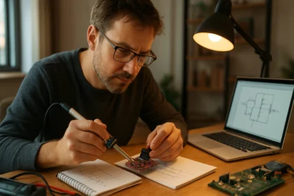 Muž pracuje na tranzistorovom zapojení s poznámkami a laptopom.