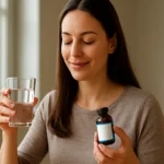 Žena s pohárom vody a fľašou prírodného doplnku Jodaqua na zlepšenie zdravia