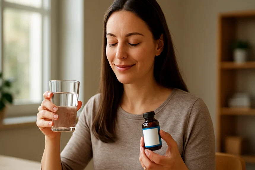 Žena s pohárom vody a fľašou prírodného doplnku Jodaqua na zlepšenie zdravia