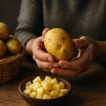 Surové zemiaky a ich výživové prínosy na drevenom stole.