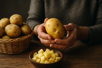 Surové zemiaky a ich výživové prínosy na drevenom stole.