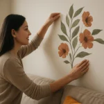 Žena aplikuje nástenné nálepky s kvetinovým motívom na stenu.