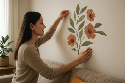 Žena aplikuje nástenné nálepky s kvetinovým motívom na stenu.