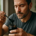 Muž s lyžičkou shilajitu v ruke, pripravujúci sa na jeho konzumáciu.