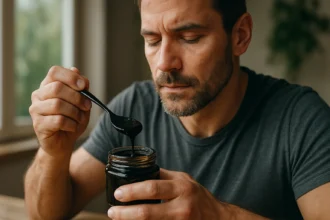 Muž s lyžičkou shilajitu v ruke, pripravujúci sa na jeho konzumáciu.