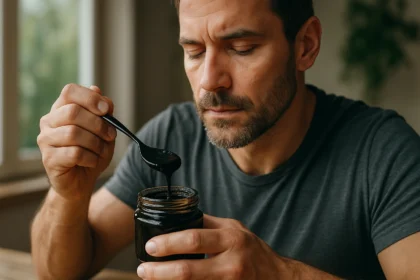 Muž s lyžičkou shilajitu v ruke, pripravujúci sa na jeho konzumáciu.