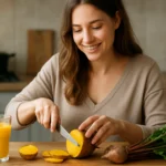 Žena krájajúca žltú repu na drevenom stole s nápojom.