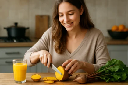 Žena krájajúca žltú repu na drevenom stole s nápojom.