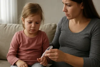 Matka kontroluje hladinu cukru prstom dieťaťa počas tehotenstva.
