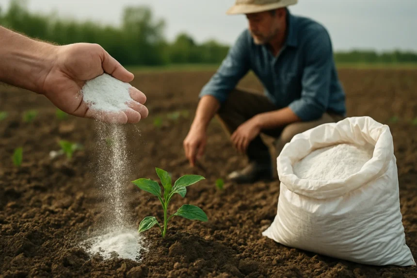 Záhradník pridáva chlórové vápno do pôdy pre rast rastlín.