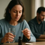 Žena pred užitím lieku s vodou v ruke, muž v pozadí.