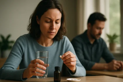 Žena pred užitím lieku s vodou v ruke, muž v pozadí.