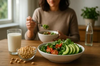 Žena vychutnáva zdravé jedlo s avokádom a sójou.