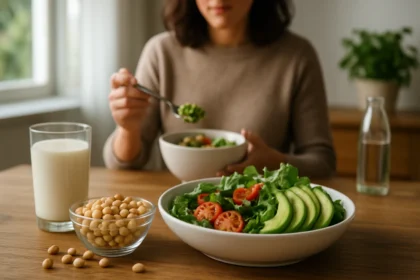 Žena vychutnáva zdravé jedlo s avokádom a sójou.