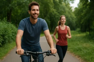 Muž jazdiaci na bicykli so ženou behajúcou v parku