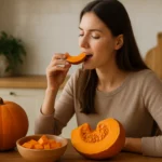 Žena vychutnáva kúsok tekvice v kuchyni.