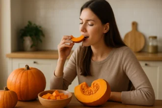 Žena vychutnáva kúsok tekvice v kuchyni.