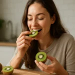 Žena si užíva kivi bohaté na vitamíny a antioxidanty.