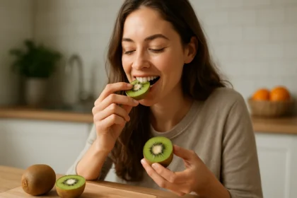 Žena si užíva kivi bohaté na vitamíny a antioxidanty.