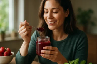 Žena vychutnáva Flavon džem z pohára s lyžičkou v ruke.