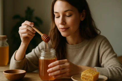 Žena s medom a lyžičkou, užívajúca si výhody medu pre zdravie.