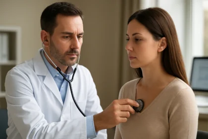 Lekár vyšetrujúci pacienta so stetoskopom v ordinácii