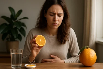 Žena so symptómami menštruačného cyklu drží pomaranč.