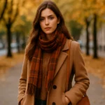 Mladá žena v jesennom kabáte s hnedým šálom na pozadí jesenného parku.