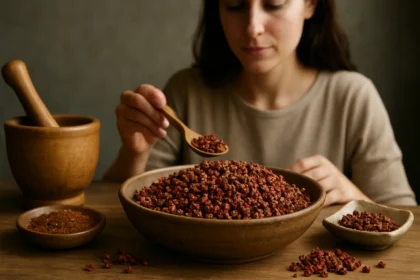 Žena s čerstvým sečuánskym korením a mlynčekom na korenie.