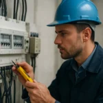 Elektrikár inštaluje prepäťovú ochranu v elektrickej skrini