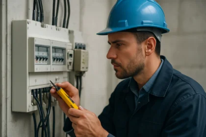 Elektrikár inštaluje prepäťovú ochranu v elektrickej skrini