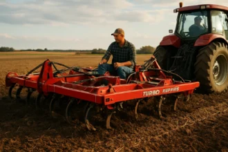 Farmář používajúci Turbo Ripper na zlepšenie pôdy a produkcie