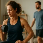 Žena cvičí s činkou, posilňuje svaly pre lepší pohyb a zdravie.