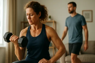 Žena cvičí s činkou, posilňuje svaly pre lepší pohyb a zdravie.