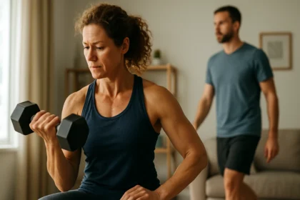 Žena cvičí s činkou, posilňuje svaly pre lepší pohyb a zdravie.