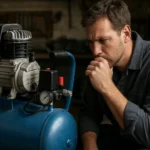 Muž premýšľa o bezolejovom kompresore v dielni.