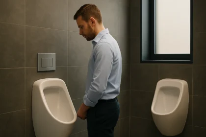 Muž pri bezvodnom pisoári v moderných toaletách.